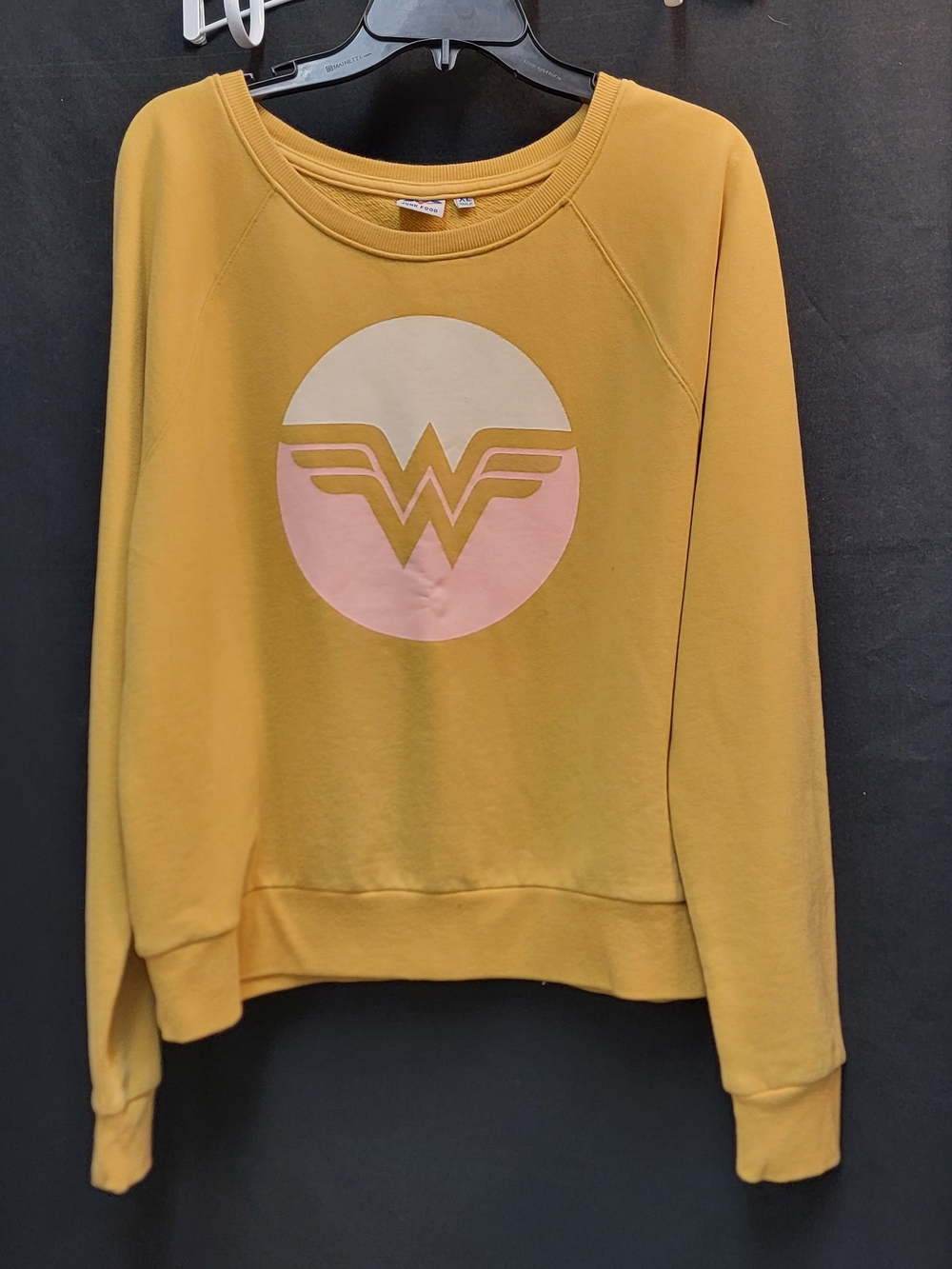 Junk Food Clothing Mustard Yellow Crewneck Sweatshirt with Pink & Cream Logo